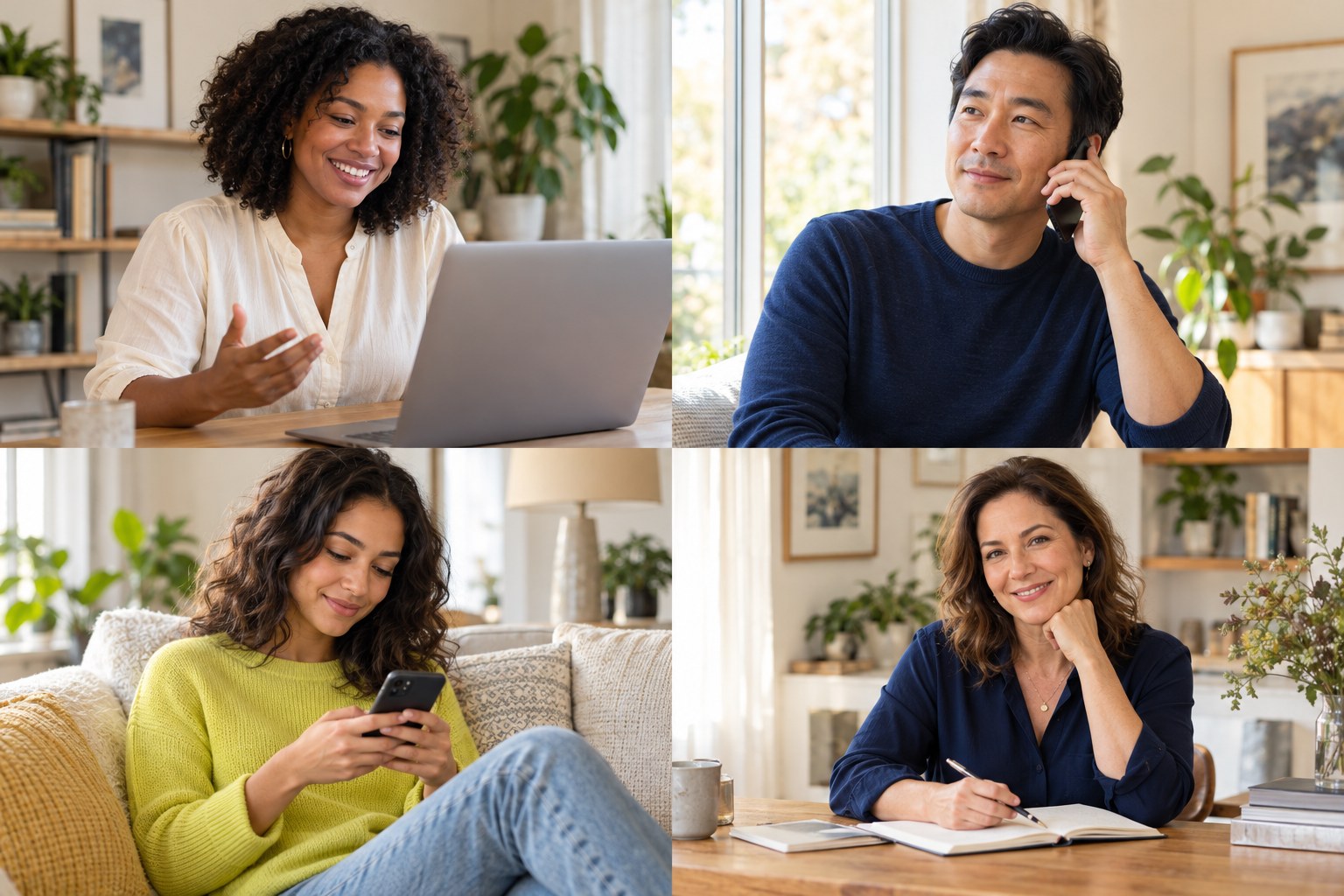 Adults from different backgrounds connecting by laptop, phone, and chat